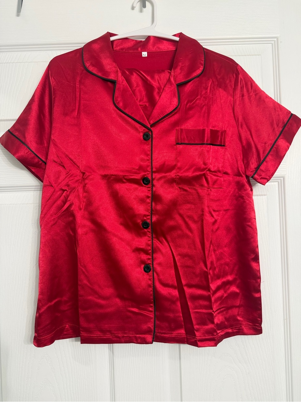 Red Satin Like Short Sleeve Button-Up Pajama Set